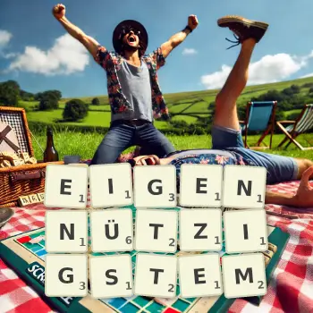Kreative Illustration für ein Scrabble-Spiel, bei dem das Wort EIGENNÜTZIGSTEM mit Steinen auf dem Brett gelegt wurde.