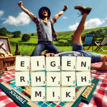 Kreative Illustration für ein Scrabble-Spiel, bei dem das Wort EIGENRHYTHMIK mit Steinen auf dem Brett gelegt wurde.