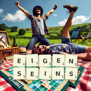 Kreative Illustration für ein Scrabble-Spiel, bei dem das Wort EIGENSEINS mit Steinen auf dem Brett gelegt wurde.