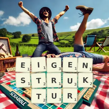 Kreative Illustration für ein Scrabble-Spiel, bei dem das Wort EIGENSTRUKTUR mit Steinen auf dem Brett gelegt wurde.