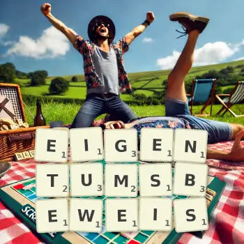 Kreative Illustration für ein Scrabble-Spiel, bei dem das Wort EIGENTUMSBEWEIS mit Steinen auf dem Brett gelegt wurde.