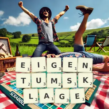 Kreative Illustration für ein Scrabble-Spiel, bei dem das Wort EIGENTUMSKLAGE mit Steinen auf dem Brett gelegt wurde.