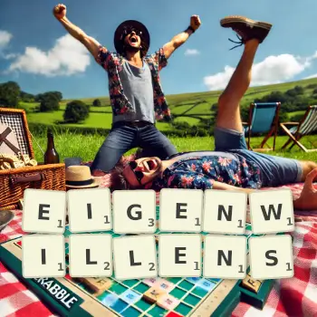 Kreative Illustration für ein Scrabble-Spiel, bei dem das Wort EIGENWILLENS mit Steinen auf dem Brett gelegt wurde.