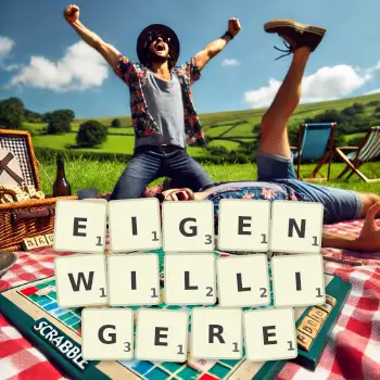 Kreative Illustration für ein Scrabble-Spiel, bei dem das Wort EIGENWILLIGERE mit Steinen auf dem Brett gelegt wurde.