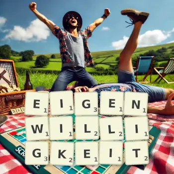 Kreative Illustration für ein Scrabble-Spiel, bei dem das Wort EIGENWILLIGKEIT mit Steinen auf dem Brett gelegt wurde.