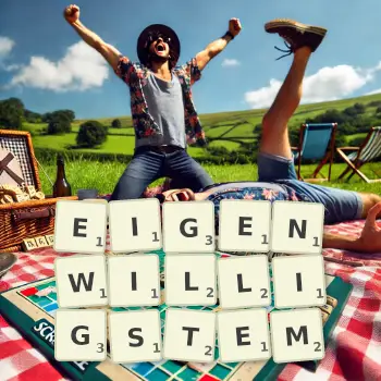 Kreative Illustration für ein Scrabble-Spiel, bei dem das Wort EIGENWILLIGSTEM mit Steinen auf dem Brett gelegt wurde.