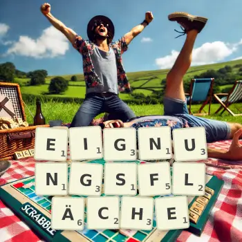 Kreative Illustration für ein Scrabble-Spiel, bei dem das Wort EIGNUNGSFLÄCHE mit Steinen auf dem Brett gelegt wurde.