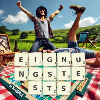 Kreative Illustration für ein Scrabble-Spiel, bei dem das Wort EIGNUNGSTESTS mit Steinen auf dem Brett gelegt wurde.