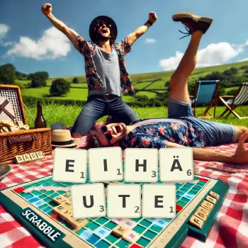 Kreative Illustration für ein Scrabble-Spiel, bei dem das Wort EIHÄUTE mit Steinen auf dem Brett gelegt wurde.
