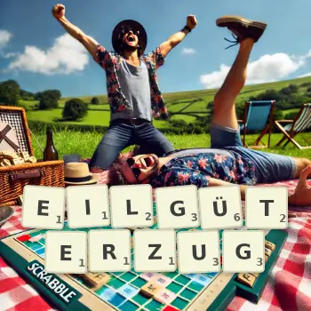 Kreative Illustration für ein Scrabble-Spiel, bei dem das Wort EILGÜTERZUG mit Steinen auf dem Brett gelegt wurde.