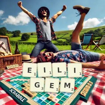 Kreative Illustration für ein Scrabble-Spiel, bei dem das Wort EILIGEM mit Steinen auf dem Brett gelegt wurde.
