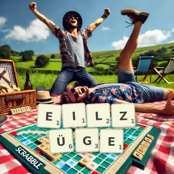 Kreative Illustration für ein Scrabble-Spiel, bei dem das Wort EILZÜGE mit Steinen auf dem Brett gelegt wurde.