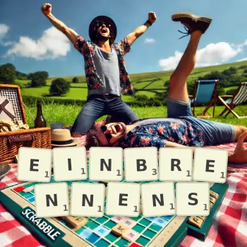 Kreative Illustration für ein Scrabble-Spiel, bei dem das Wort EINBRENNENS mit Steinen auf dem Brett gelegt wurde.