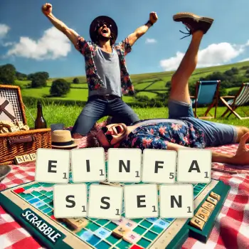 Kreative Illustration für ein Scrabble-Spiel, bei dem das Wort EINFASSEN mit Steinen auf dem Brett gelegt wurde.