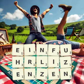 Kreative Illustration für ein Scrabble-Spiel, bei dem das Wort EINFUHRLIZENZEN mit Steinen auf dem Brett gelegt wurde.