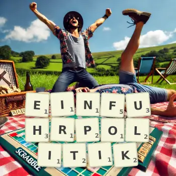 Kreative Illustration für ein Scrabble-Spiel, bei dem das Wort EINFUHRPOLITIK mit Steinen auf dem Brett gelegt wurde.