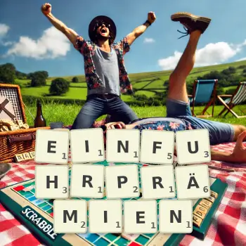Kreative Illustration für ein Scrabble-Spiel, bei dem das Wort EINFUHRPRÄMIEN mit Steinen auf dem Brett gelegt wurde.