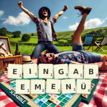 Kreative Illustration für ein Scrabble-Spiel, bei dem das Wort EINGABEMENÜ mit Steinen auf dem Brett gelegt wurde.