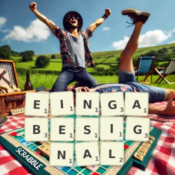 Kreative Illustration für ein Scrabble-Spiel, bei dem das Wort EINGABESIGNAL mit Steinen auf dem Brett gelegt wurde.