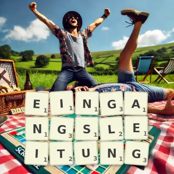 Kreative Illustration für ein Scrabble-Spiel, bei dem das Wort EINGANGSLEITUNG mit Steinen auf dem Brett gelegt wurde.