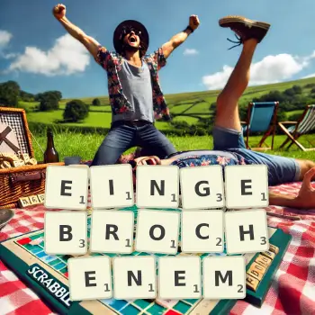 Kreative Illustration für ein Scrabble-Spiel, bei dem das Wort EINGEBROCHENEM mit Steinen auf dem Brett gelegt wurde.