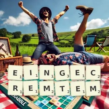 Kreative Illustration für ein Scrabble-Spiel, bei dem das Wort EINGECREMTEM mit Steinen auf dem Brett gelegt wurde.