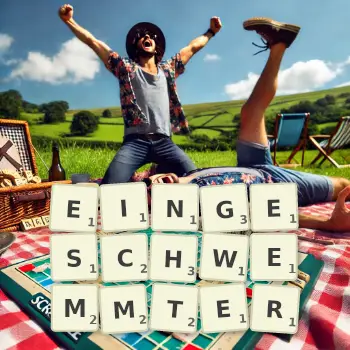 Kreative Illustration für ein Scrabble-Spiel, bei dem das Wort EINGESCHWEMMTER mit Steinen auf dem Brett gelegt wurde.