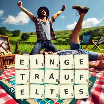 Kreative Illustration für ein Scrabble-Spiel, bei dem das Wort EINGETRÄUFELTES mit Steinen auf dem Brett gelegt wurde.