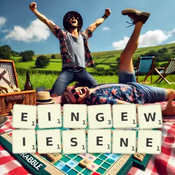 Kreative Illustration für ein Scrabble-Spiel, bei dem das Wort EINGEWIESENE mit Steinen auf dem Brett gelegt wurde.