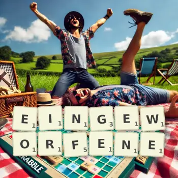 Kreative Illustration für ein Scrabble-Spiel, bei dem das Wort EINGEWORFENE mit Steinen auf dem Brett gelegt wurde.