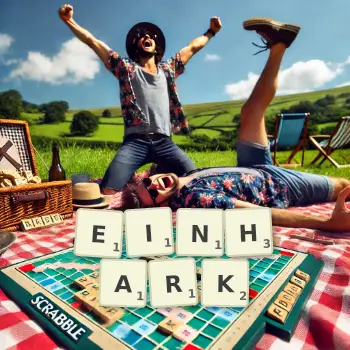 Kreative Illustration für ein Scrabble-Spiel, bei dem das Wort EINHARK mit Steinen auf dem Brett gelegt wurde.