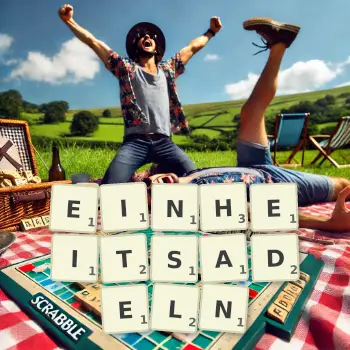 Kreative Illustration für ein Scrabble-Spiel, bei dem das Wort EINHEITSADELN mit Steinen auf dem Brett gelegt wurde.