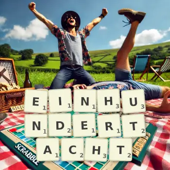 Kreative Illustration für ein Scrabble-Spiel, bei dem das Wort EINHUNDERTACHT mit Steinen auf dem Brett gelegt wurde.