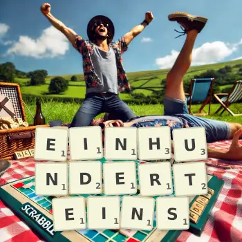 Kreative Illustration für ein Scrabble-Spiel, bei dem das Wort EINHUNDERTEINS mit Steinen auf dem Brett gelegt wurde.