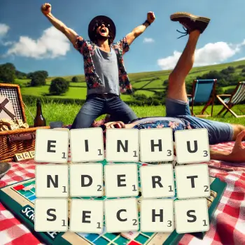 Kreative Illustration für ein Scrabble-Spiel, bei dem das Wort EINHUNDERTSECHS mit Steinen auf dem Brett gelegt wurde.