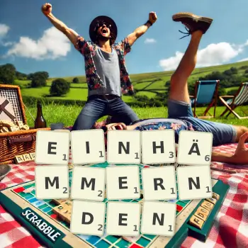 Kreative Illustration für ein Scrabble-Spiel, bei dem das Wort EINHÄMMERNDEN mit Steinen auf dem Brett gelegt wurde.