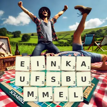 Kreative Illustration für ein Scrabble-Spiel, bei dem das Wort EINKAUFSBUMMEL mit Steinen auf dem Brett gelegt wurde.