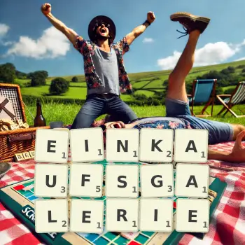 Kreative Illustration für ein Scrabble-Spiel, bei dem das Wort EINKAUFSGALERIE mit Steinen auf dem Brett gelegt wurde.