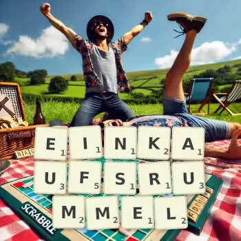 Kreative Illustration für ein Scrabble-Spiel, bei dem das Wort EINKAUFSRUMMEL mit Steinen auf dem Brett gelegt wurde.