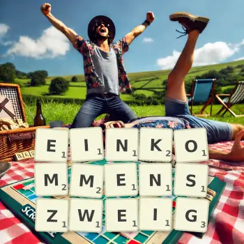 Kreative Illustration für ein Scrabble-Spiel, bei dem das Wort EINKOMMENSZWEIG mit Steinen auf dem Brett gelegt wurde.