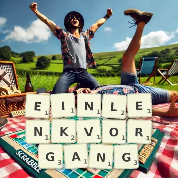 Kreative Illustration für ein Scrabble-Spiel, bei dem das Wort EINLENKVORGANG mit Steinen auf dem Brett gelegt wurde.