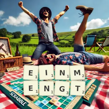 Kreative Illustration für ein Scrabble-Spiel, bei dem das Wort EINMENGT mit Steinen auf dem Brett gelegt wurde.