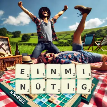 Kreative Illustration für ein Scrabble-Spiel, bei dem das Wort EINMINÜTIG mit Steinen auf dem Brett gelegt wurde.