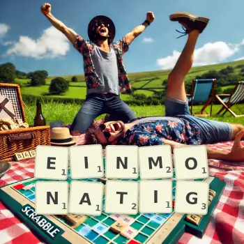 Kreative Illustration für ein Scrabble-Spiel, bei dem das Wort EINMONATIG mit Steinen auf dem Brett gelegt wurde.