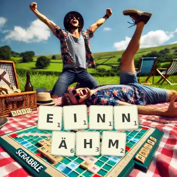 Kreative Illustration für ein Scrabble-Spiel, bei dem das Wort EINNÄHM mit Steinen auf dem Brett gelegt wurde.
