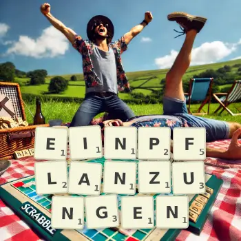 Kreative Illustration für ein Scrabble-Spiel, bei dem das Wort EINPFLANZUNGEN mit Steinen auf dem Brett gelegt wurde.