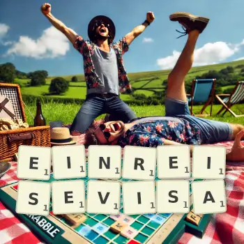 Kreative Illustration für ein Scrabble-Spiel, bei dem das Wort EINREISEVISA mit Steinen auf dem Brett gelegt wurde.