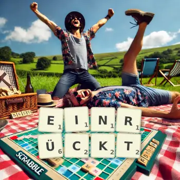 Kreative Illustration für ein Scrabble-Spiel, bei dem das Wort EINRÜCKT mit Steinen auf dem Brett gelegt wurde.