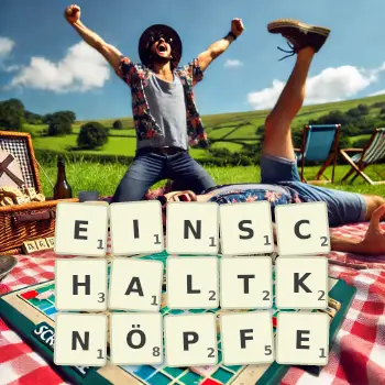 Kreative Illustration für ein Scrabble-Spiel, bei dem das Wort EINSCHALTKNÖPFE mit Steinen auf dem Brett gelegt wurde.