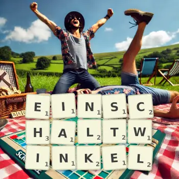 Kreative Illustration für ein Scrabble-Spiel, bei dem das Wort EINSCHALTWINKEL mit Steinen auf dem Brett gelegt wurde.